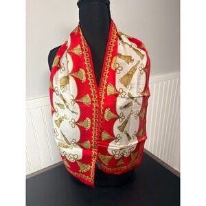 Oscar de la Renta Red, White & Gold Silk Scarf with Tassel Motif